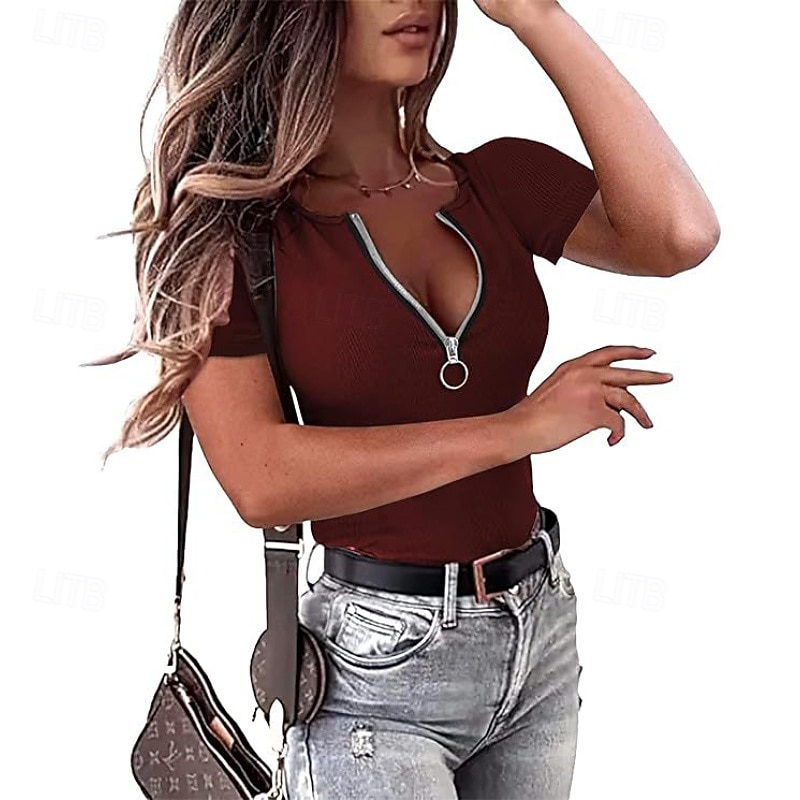 Women's T Shirt Zipper Solid Color Graphic Plain Casual Short Sleeve V Neck Regular Tops Daily Going out Weekend Black Wine Red Gray Summer Spring 2026 - $18.49 –P9