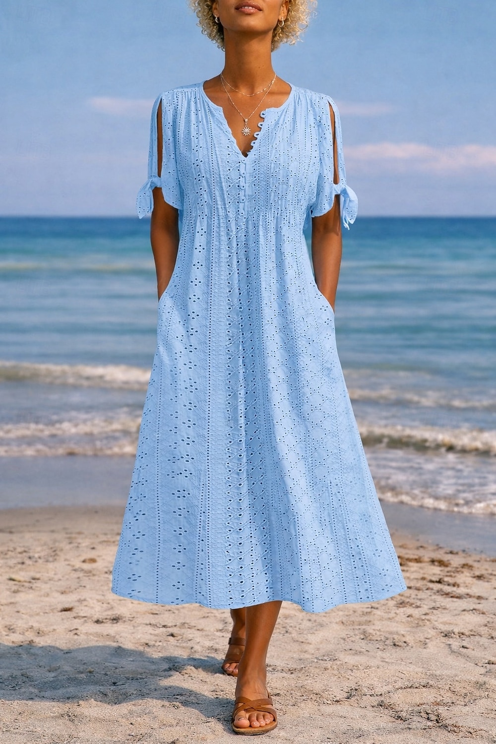 Women's Midi Dress Boho Dress A Line Dress Summer Dress Elegant Fashion Modern Daily Outdoor Beach Loose Fit Plain Short Sleeve V Neck White Purple Light Blue Summer Spring 2026 - $24.99 –P7