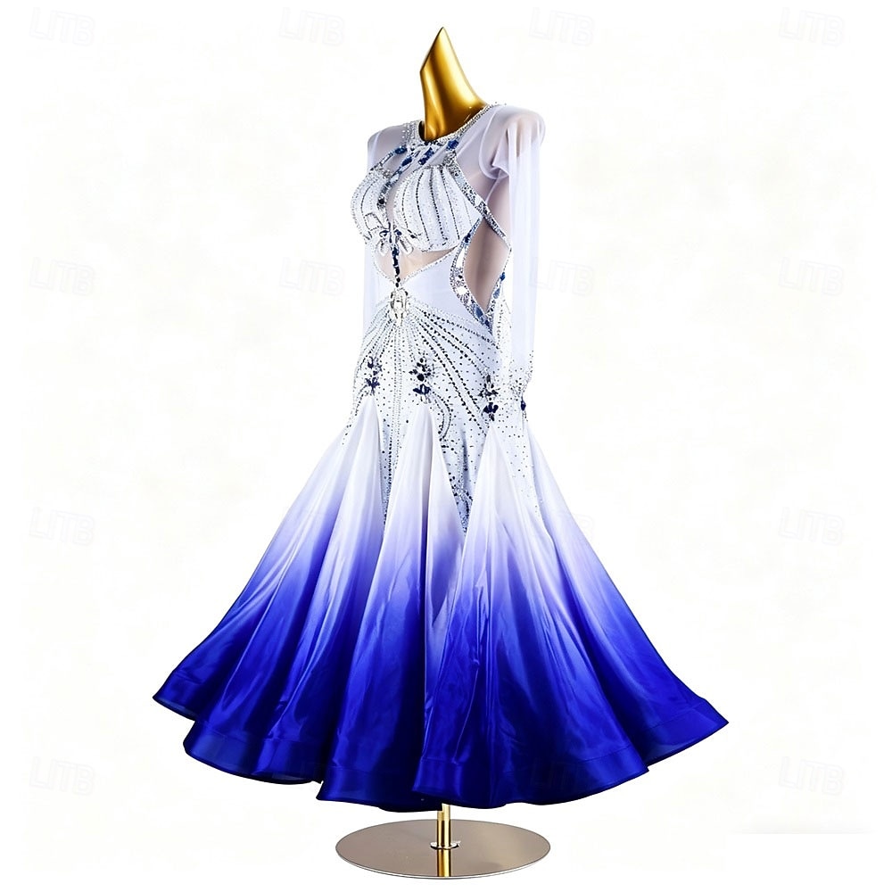 Baile de Salón Vestido Pedrería Plisado Corte Mujer Fiesta Entrenamiento Rendimiento Manga Larga Cintura Alta Licra Poliéster 2026 - $1156.99 –P4