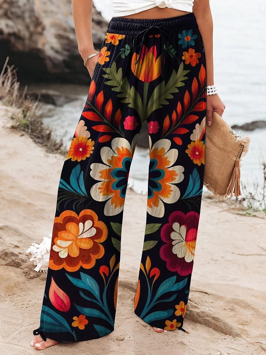 Femmes Jambe large Pantalons Vacances Mode Streetwear Longueur complète Taille Moyenne Fleuri Graphique Avec Poches Taille Élastique Imprimé Confortable Confort Respirabilité Non Elastique Quotidien de 2026 ? $44.99 –P3