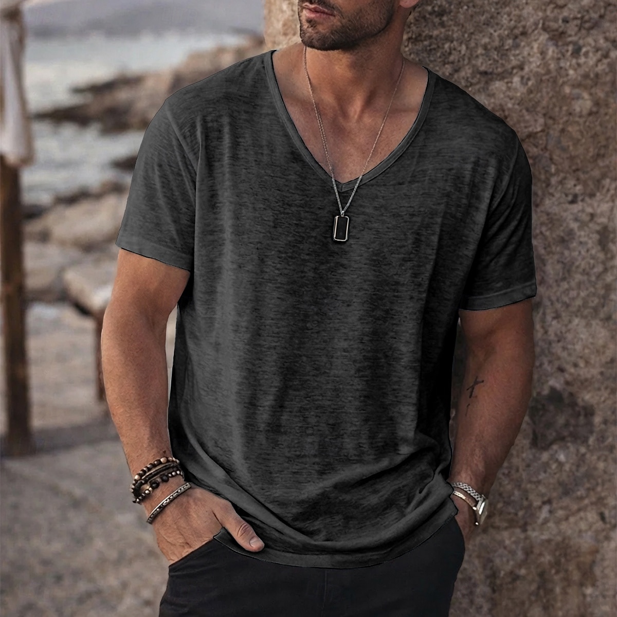 Per uomo Maglietta Camicia a Maniche Corte Maglietta in lino Manica Corta Scollo a V Estate Primavera Tinta unica Semplice Striscia di Fossa Streetwear Elegante Casual Puro Casuale Quotidiano del 2026 a kr.196 –P11