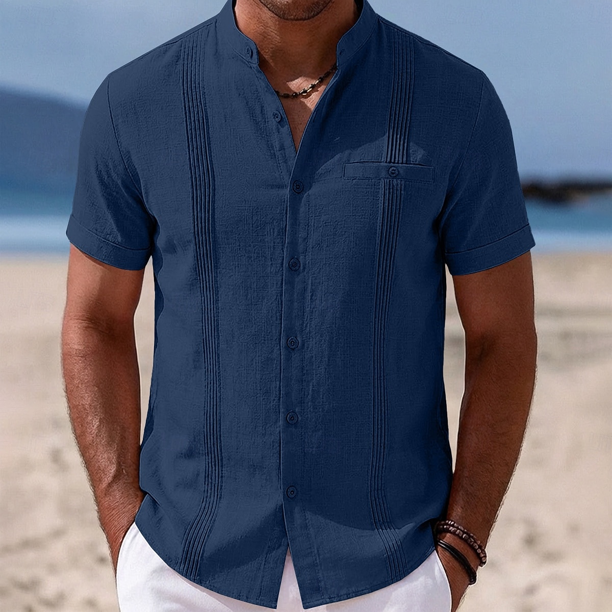 Herr Skjorta Linneskjorta Sommarskjorta Strandskjorta Hawaii skjorta Ensfärgat Ledigt Dagligen Blå Mörkgul Svart Marinblå Kortärmad Krage Vår & sommar Sommar Kläder Rynkad 2026 - $25.99 –P10