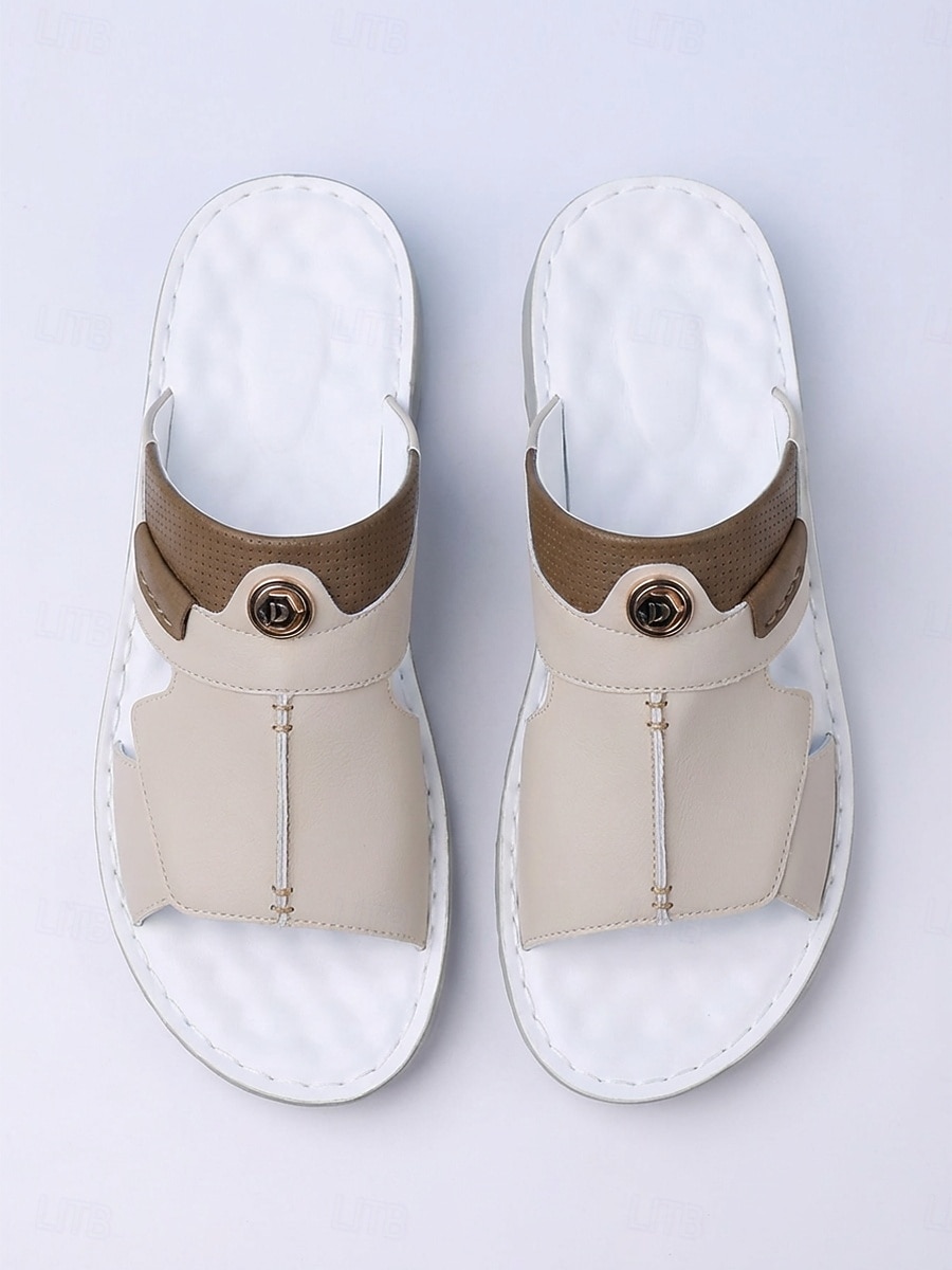 Sandálias masculinas de couro sintético bege com tira ajustável, respiráveis, ideais para férias de verão na praia. de 2026 por $34.99 –P3