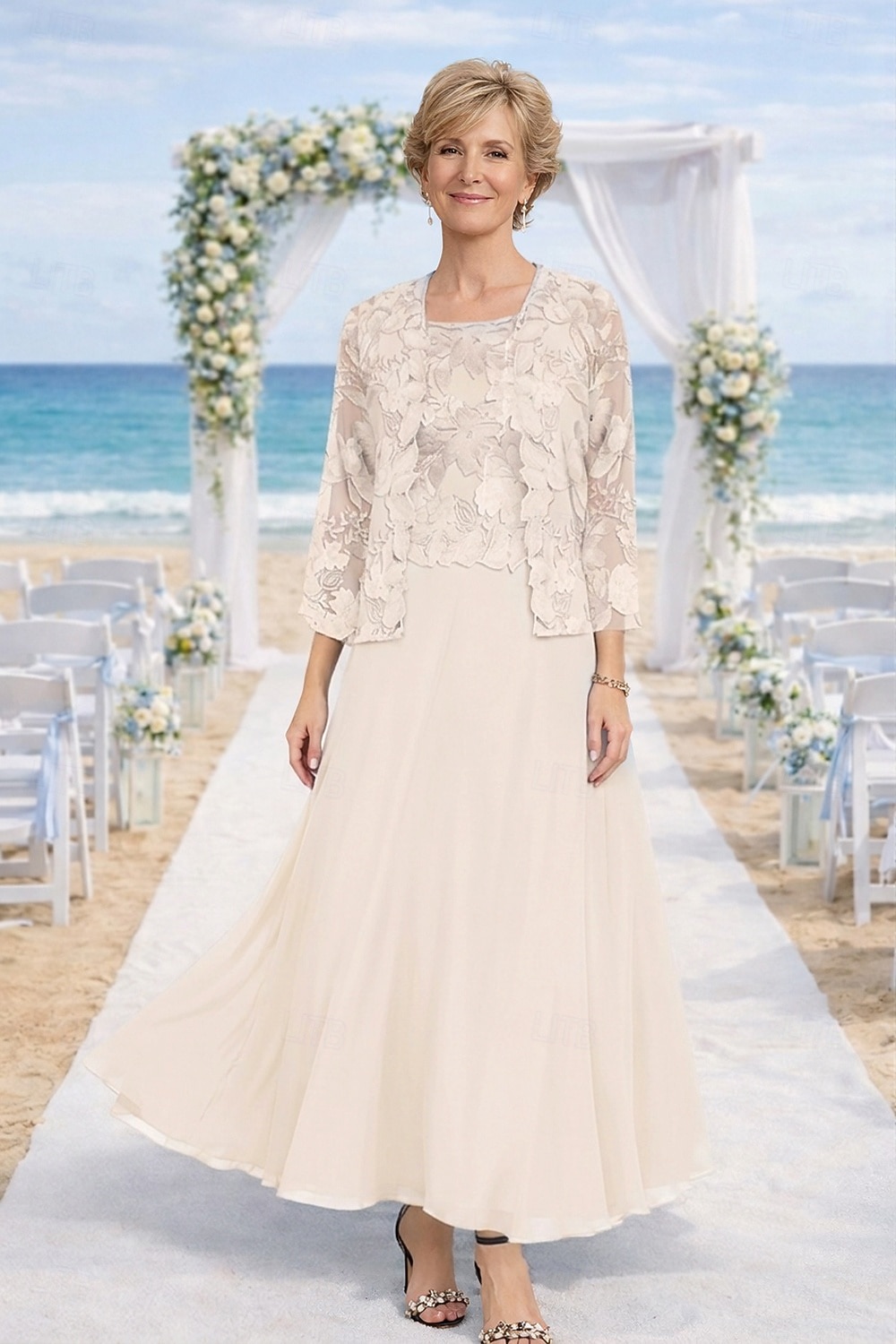 Zweiteilig Kleid-Sets Knöchellänge Kleid für Hochzeitsgäste Brautmutterkleid Langarm Rundhalsausschnitt Elegant Hochzeitsgast Kirche Chiffon mit Spitze Stickerei 2026 - $195.99 –P11
