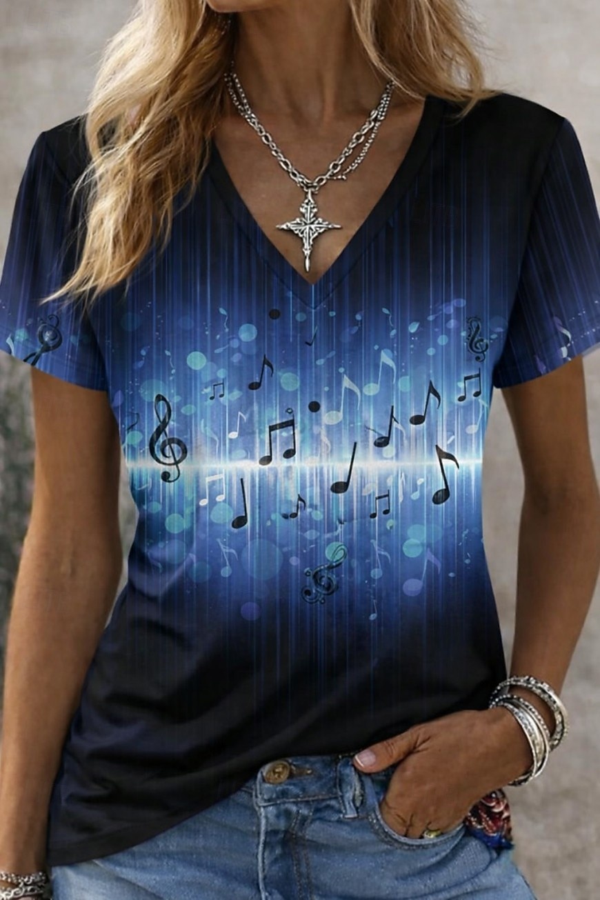 Women's T Shirt Print Floral Graphic Music Vintage Stylish Classic Short Sleeve V Neck Regular Tops Daily Sports Going out Blue Red Orange Summer Spring Fall Winter 2026 - $21.99 –P1