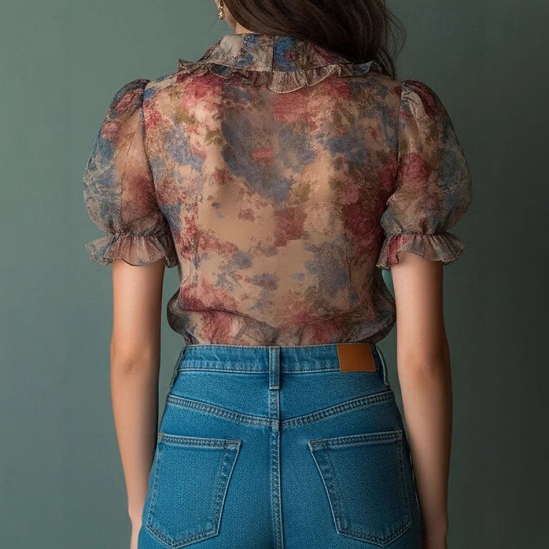 Damskie Koszula Koszula Boho Bluzka Koszula z falbanką Falbana Kwiaty Elegancki Klasyczny Nowoczesny Krótki rękaw W serek Zwykłe topy Codzienny Święto Wyjściowe Rumiany róż Lato Wiosna 2026 - $42.99 –P2