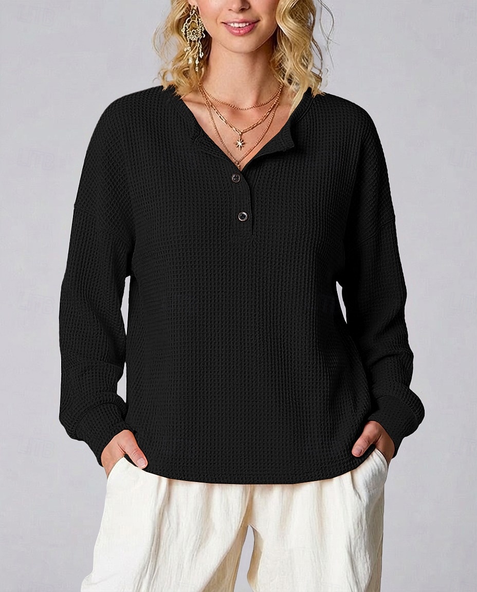 Femmes Chemise Tops en tricot gaufre Couleur Unie Élégant Classique Occasionnel manche longue Henley Hauts Réguliers Quotidien Sports Week-end Noir Blanche Jaune Rouge Orange Été Printemps Automne de 2026 ? $27.99 –P6