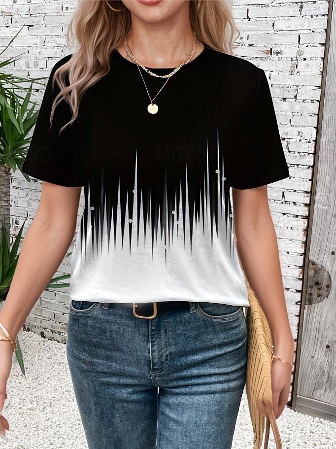 Women's T Shirt Print Graphic Geometric Striped Vintage Stylish Classic Short Sleeve Crew Neck Regular Tops Casual Daily Blue Light Green Pink Light Brown Black Summer Spring 2026 - $21.99 –P6
