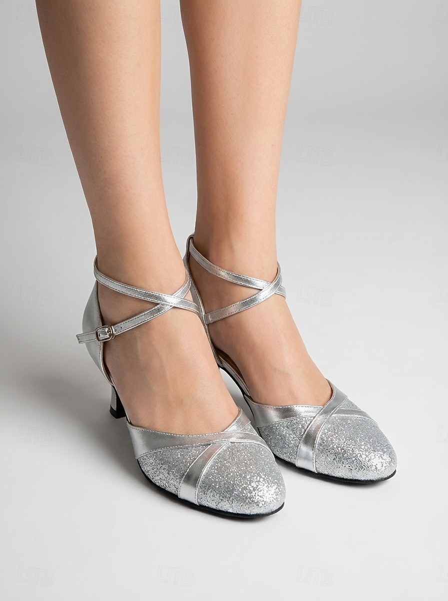 Damen-Standardtanzschuhe in Silber – geschlossene Zehenpartie, Standard &Lateinamerikanische Tanzschuhe mit gekreuzten Riemen, professionelles Training & Wettbewerb 2026 - $34.99 –P2