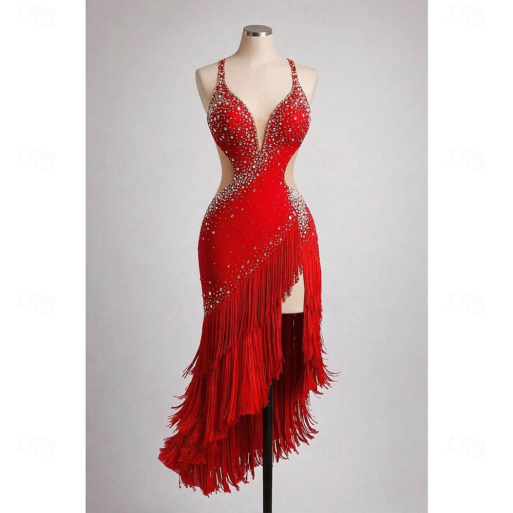 Abito da ballo latino da donna rosso con strass, scollo a V profondo e frange, abito da competizione per balli da sala del 2026 a $420.99 –P1