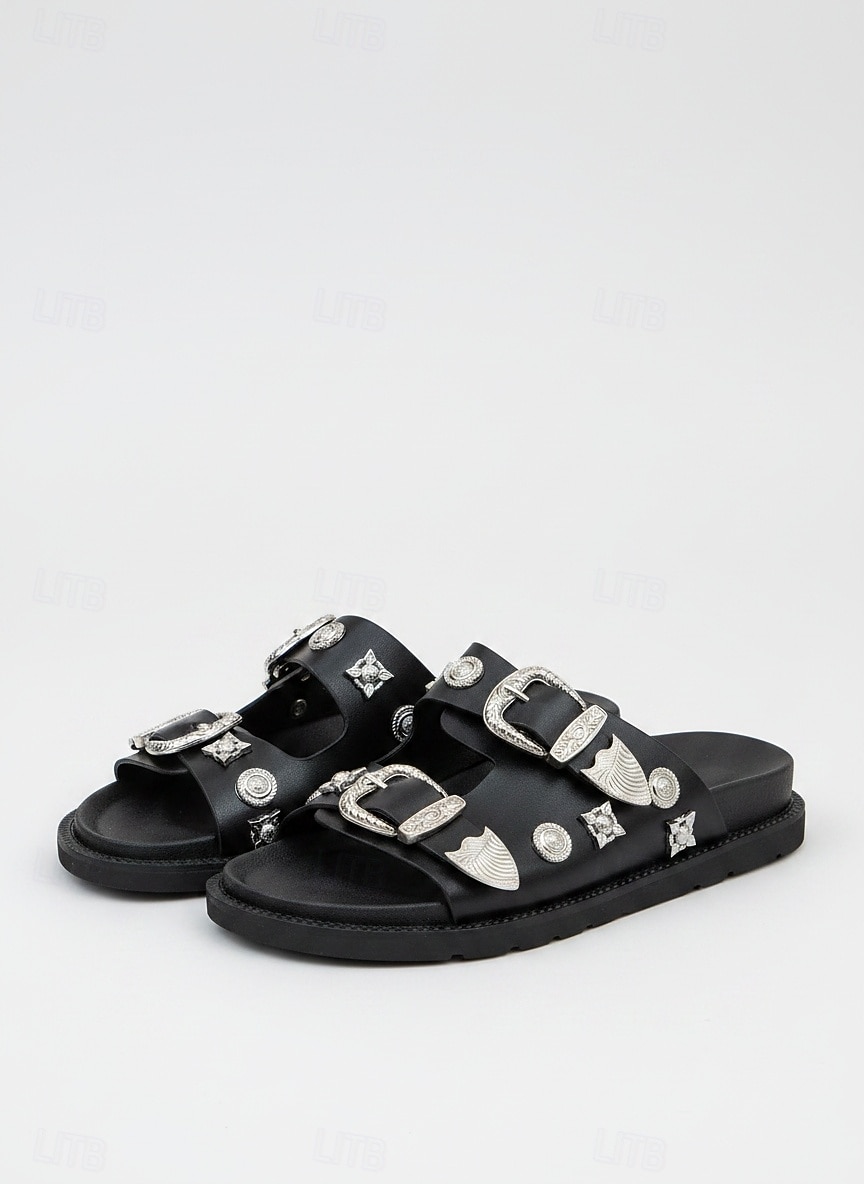 Schwarze Slide-Sandalen im Western-Stil für Damen – Riemchensandalen mit silberner Schnalle für Boho- und lässige Sommer-Outfits 2026 - $34.99 –P1