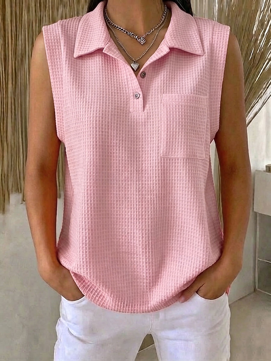 Damen Waffel-Tanktop Poloshirts T-Shirt Tasche Stilvoll Klassisch Ärmellos Hemdkragen Normale Oberteile Lässig Strand Wochenende Blau Schwarz Rosa Rote Sommer Frühling 2026 - $27.99 –P7