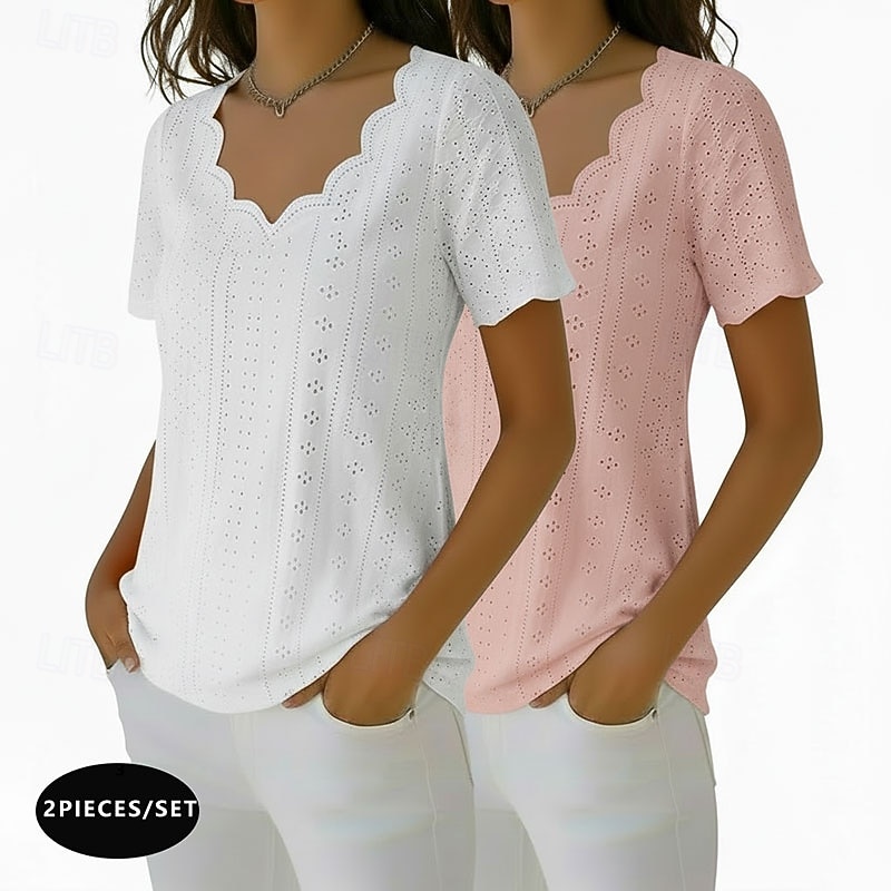 pachete multiple 2 buc bluză textură top cu ochiuri tricou simplu elegant de bază clasic mânecă scurtă decolteu în V topuri obișnuite casual zilnic plajă galben+negru 2026 - $38.99 –P1