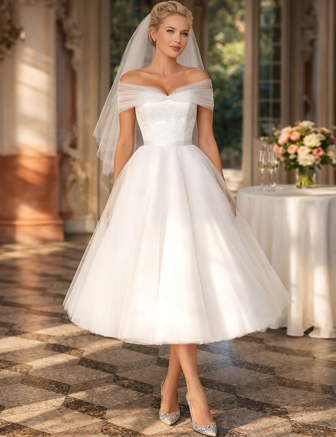 De Baile Longuette Vestidos de noiva Vestidos para Chá de Panela Vestido de Noiva Vestidos Brancos Justos Alças Ombro a Ombro Graduação Aniversário Renda Tule com Pregas Apliques de 2026 por $183.99 –P4