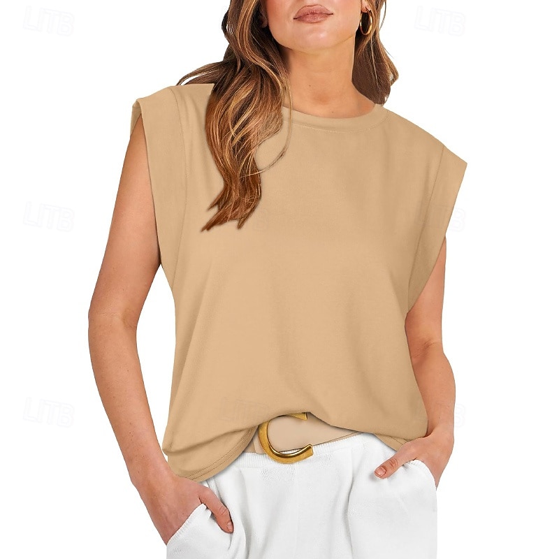 Mulheres Camiseta Côr Sólida Clássico Casual Sem Manga Gola Redonda Tops regulares Diário Para Noite Final de semana Preto Branco Vinho Verde Escuro Damasco Verão Primavera de 2026 por $22.99 –P8