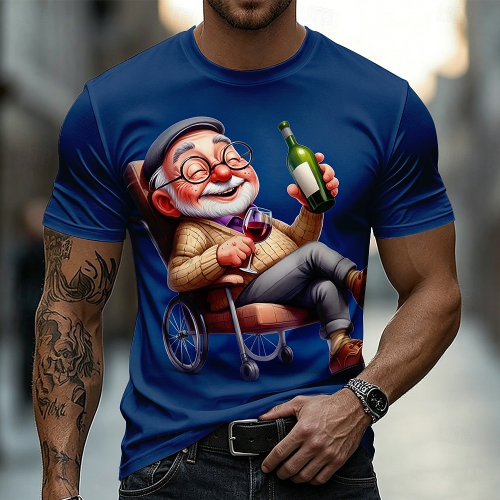 Camiseta con estampado de un anciano feliz bebiendo vino en silla de ruedas, diseño 3D, humor, cuello redondo, manga corta, regalo para fiesta de jubilación, para abuelo amante del vino, ropa de 2026 - $18.99 –P4