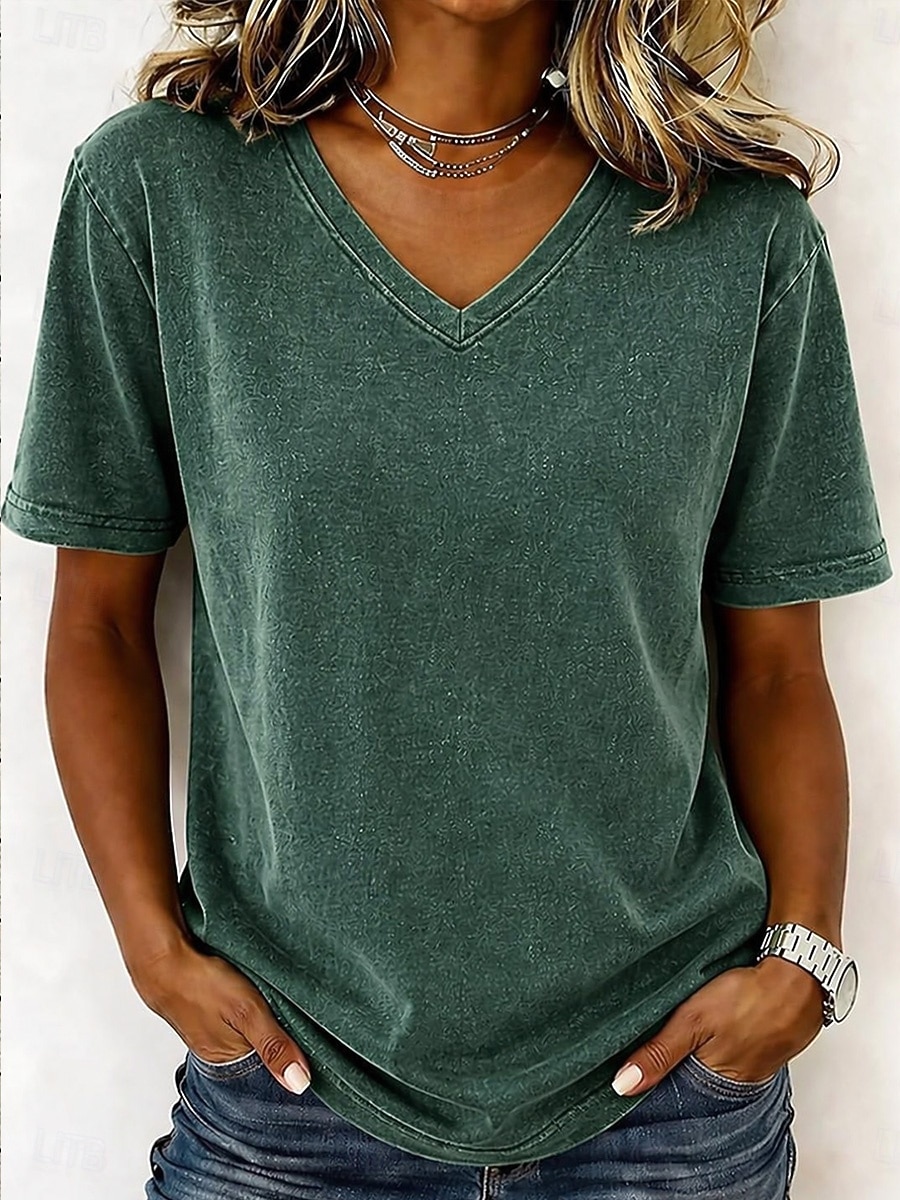Damen T Shirt Baumwollhemd T-Shirt Gerafft Einfach Vintage Mode Stilvoll Kurzarm V Ausschnitt Normale Oberteile Lässig Täglich Ausgehen Blau Violett / Blau Schwarz Armeegrün Purpur Sommer Frühling 2026 - $21.99 –P15