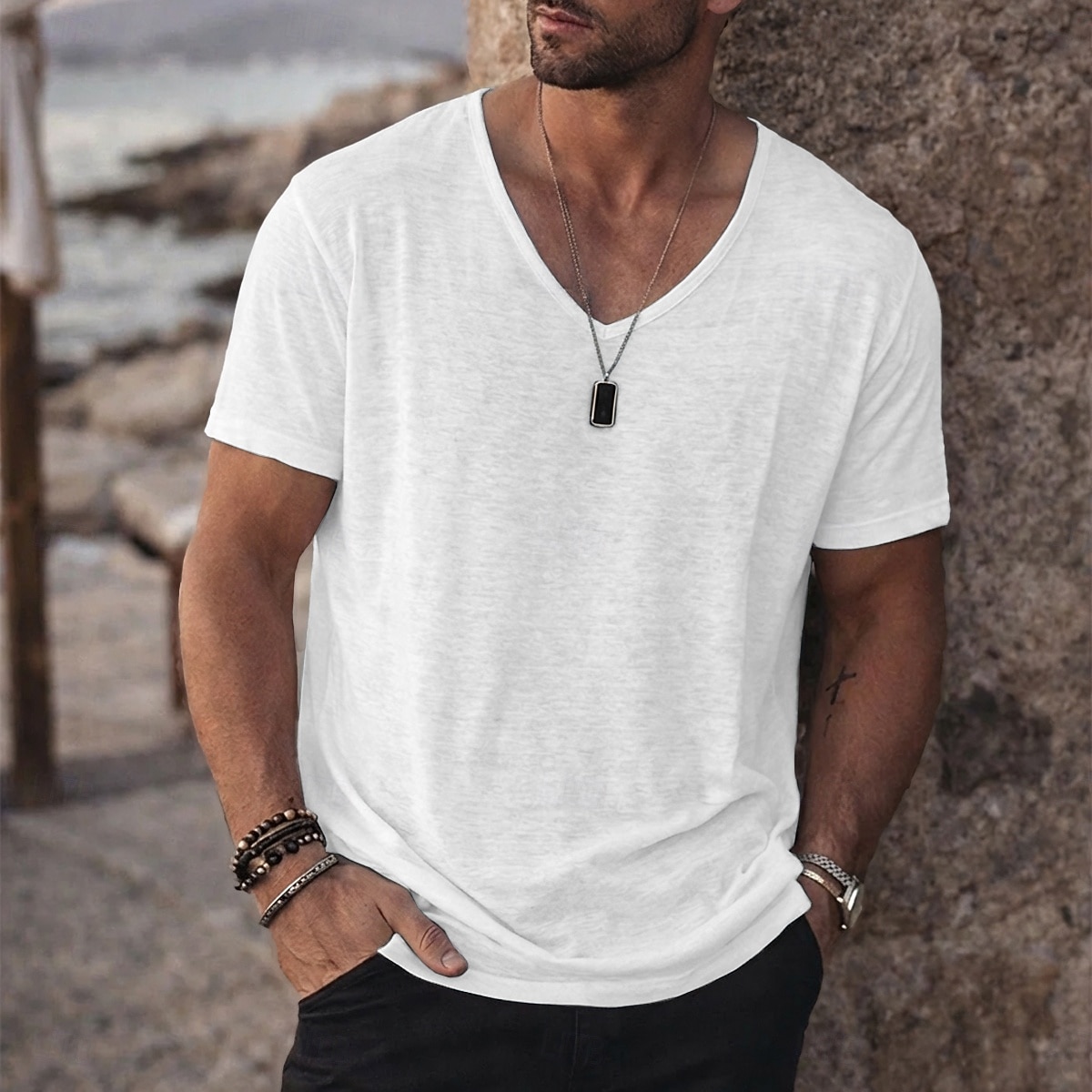 Per uomo Maglietta Camicia a Maniche Corte Maglietta in lino Manica Corta Scollo a V Estate Primavera Tinta unica Semplice Striscia di Fossa Streetwear Elegante Casual Puro Casuale Quotidiano del 2026 a kr.196 –P6