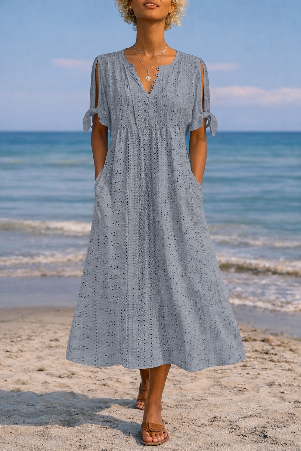 Women's Midi Dress Boho Dress A Line Dress Summer Dress Elegant Fashion Modern Daily Outdoor Beach Loose Fit Plain Short Sleeve V Neck White Purple Light Blue Summer Spring 2026 - $24.99 –P6