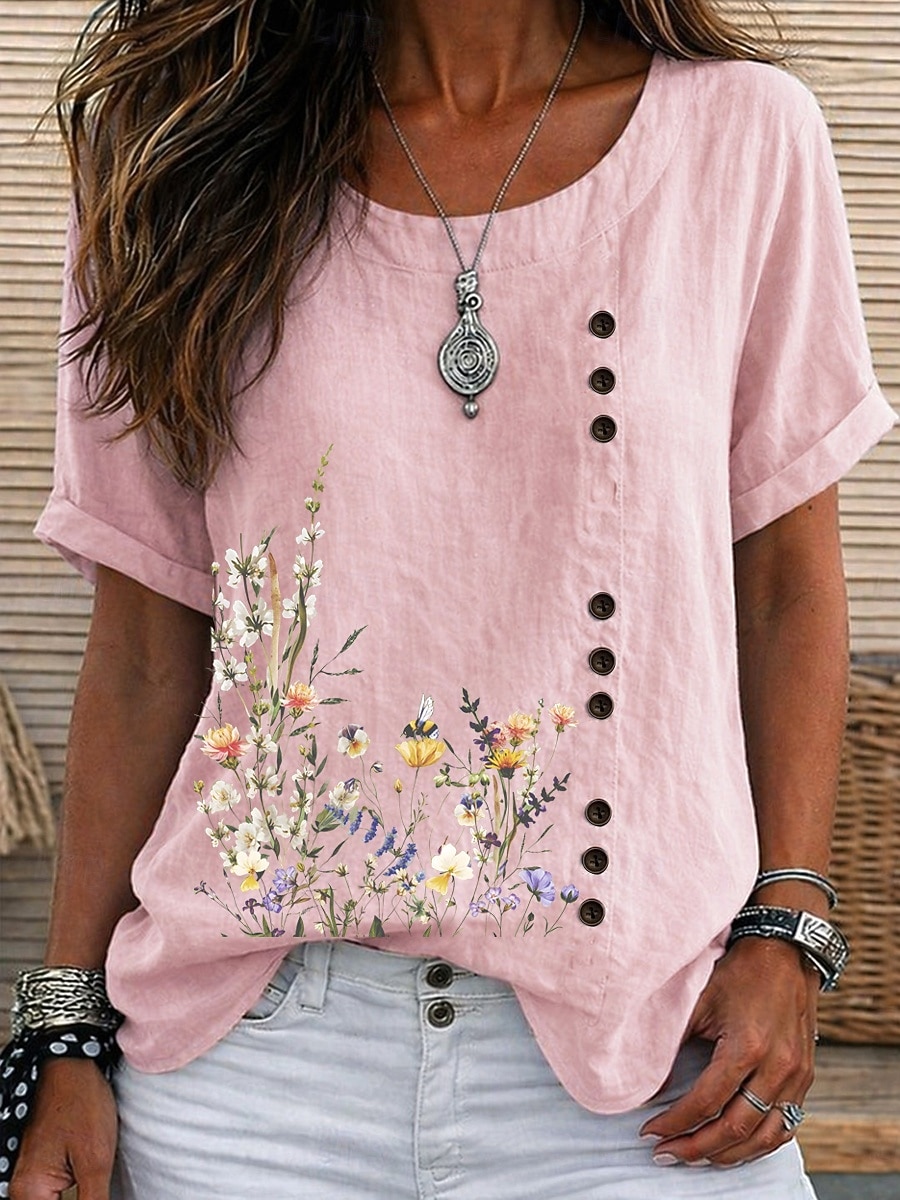 Women's Blouse Buttons Floral Graphic Elegant Vintage Daily Short Sleeve Crew Neck Regular Tops Casual Daily Holiday Blue Grass Green White Yellow Pink Summer Spring 2026 - $24.99 –P1