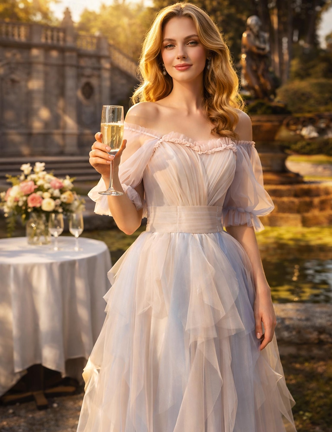 A-Linie Bodenlang Abiballkleider Farbblock Feenstil Halbarm Rundausschnitt Hochzeitsgast Hochzeitsfeier Tüll mit Falten Rüschen 2026 - $109.99 –P2