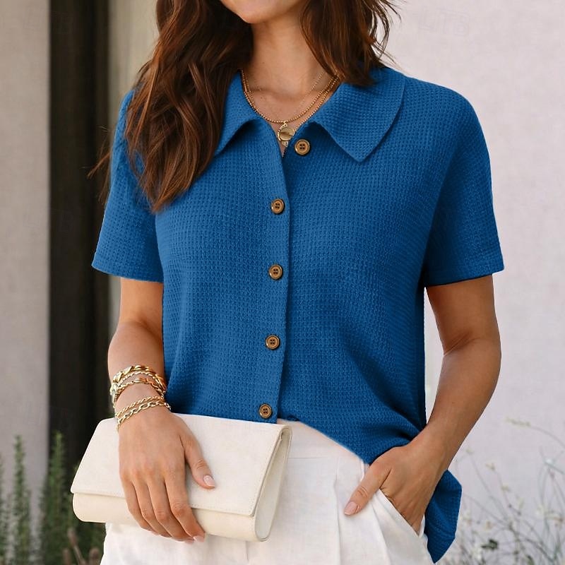 Per donna Camicia Camicia a nido d'ape Camicia casual Camicia con Bottoni Bottoni Tinta unica Semplice Vacanza Moda Quotidiano Manica Corta Collo ripiegato Top Regolari All'aperto Abbigliamento del 2026 a $25.99 –P9