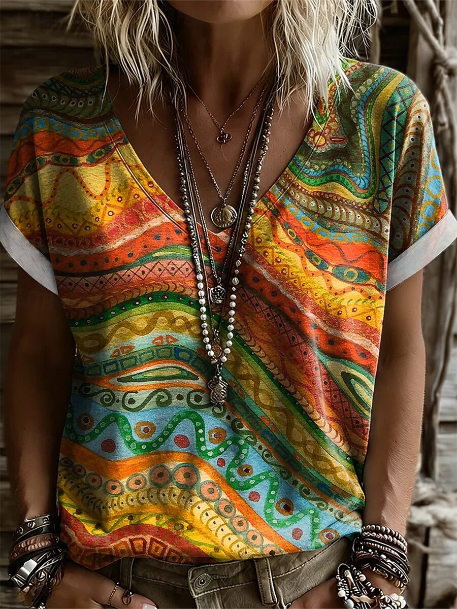Women's T Shirt Print Graphic Abstract Geometry Vintage Stylish Classic Short Sleeve V Neck Regular Tops Daily Gym Going out Blue Yellow Orange Summer Spring 2026 - $21.99 –P1