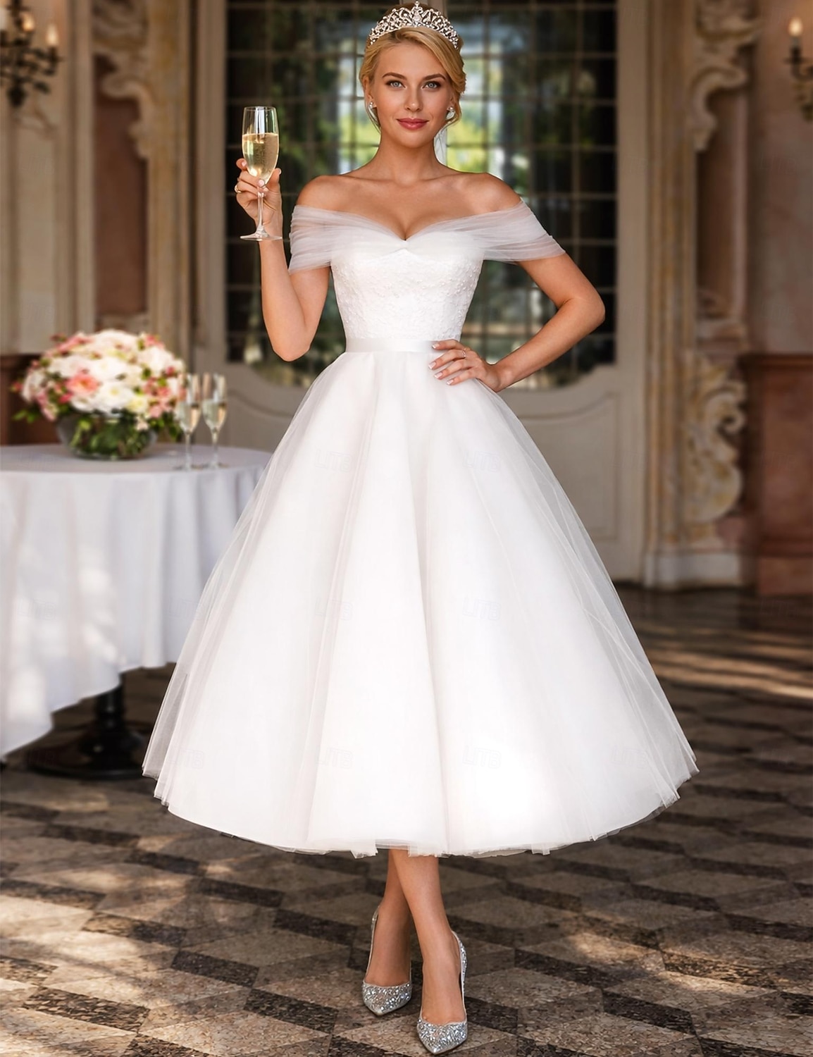 De Baile Longuette Vestidos de noiva Vestidos para Chá de Panela Vestido de Noiva Vestidos Brancos Justos Alças Ombro a Ombro Graduação Aniversário Renda Tule com Pregas Apliques de 2026 por $183.99 –P1