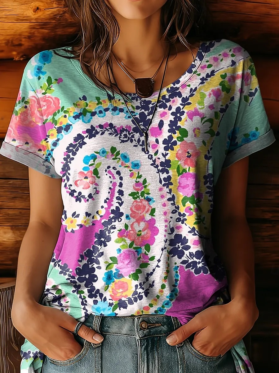 Per donna Maglietta Stampato Floreale Grafico Vintage Elegante Casual Manica Corta Girocollo Top Regolari Casuale Quotidiano Viola Verde Estate Primavera del 2026 a $22.99 –P1