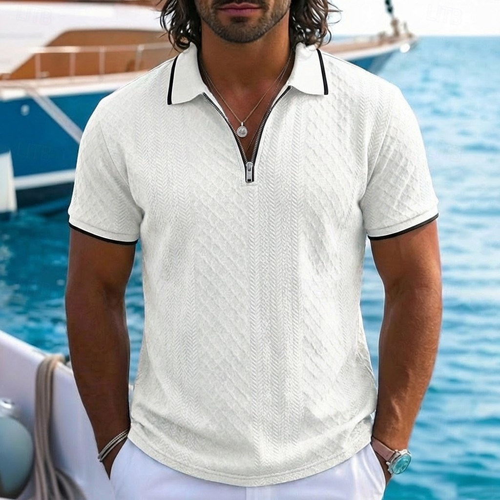 Homens Polo com zíper Textura Casual Feriado Lapela Quarter Zip Manga Curta Moda Básico Tecido Jacquard Quarter Zip Verão Normal Azul Claro Preto Branco Vinho Azul Marinha Caqui Polo com zíper de 2026 por $22.99 –P5