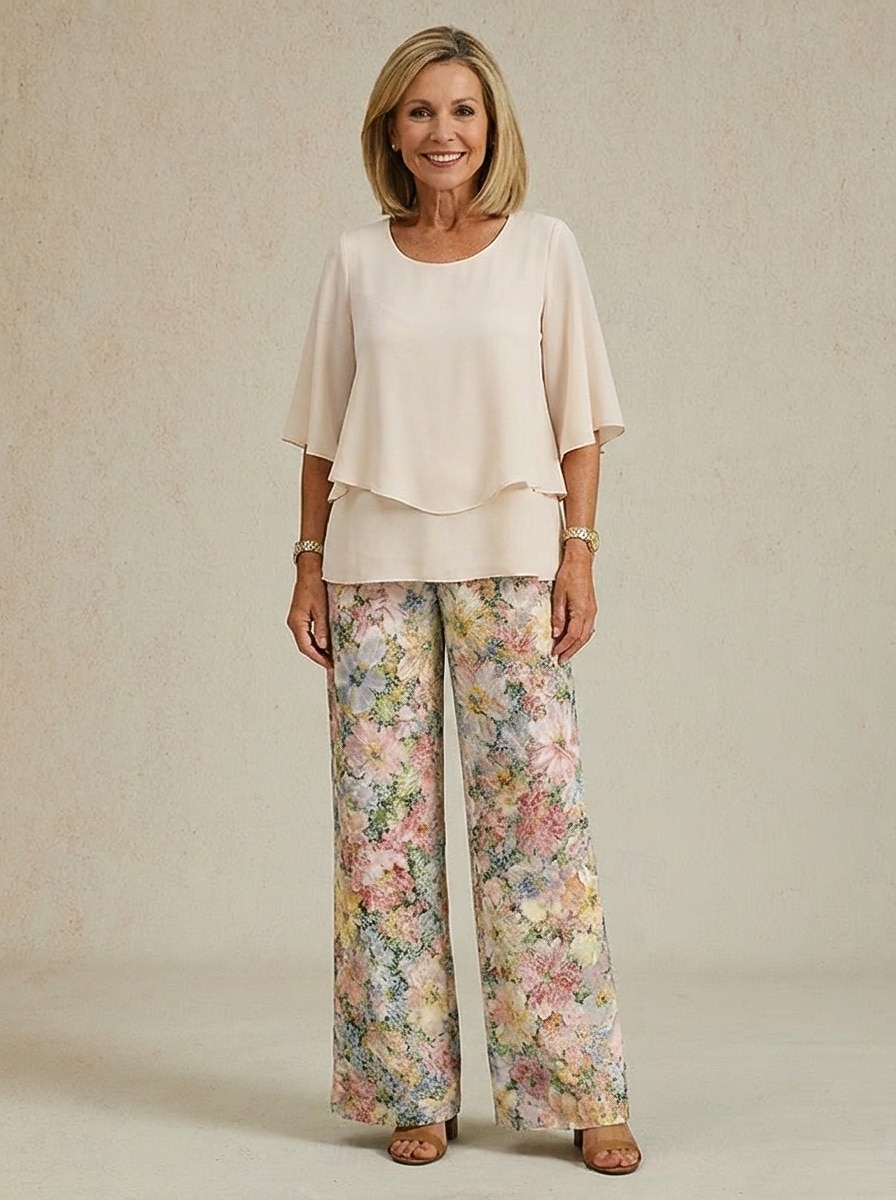 Set pantaloni largi din șifon cu imprimeu floral pentru femei, pentru nunți și ocazii elegante 2026 - $43.99 –P2