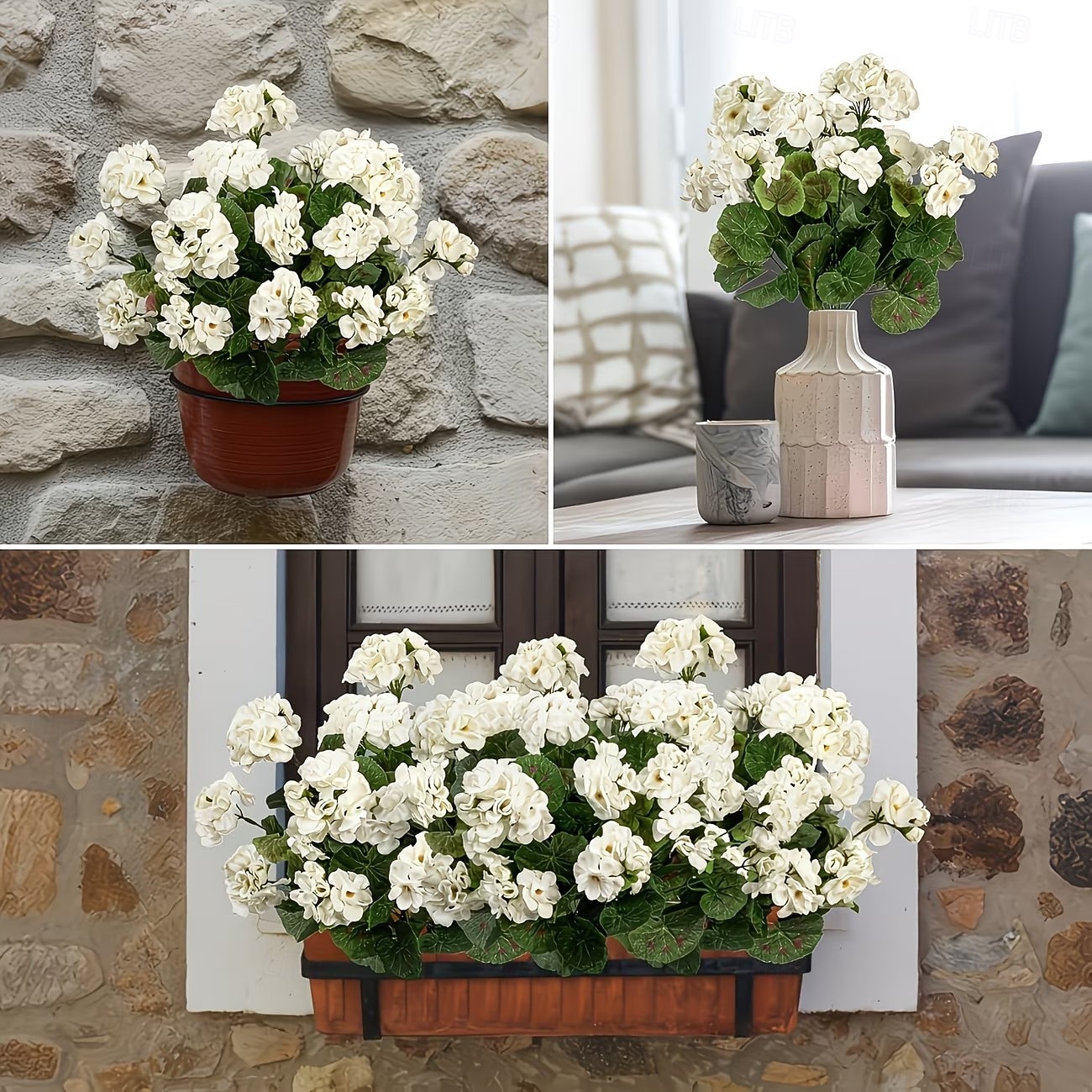 Flori artificiale de geranium alb rezistent la UV cu 4 ramuri, 4 geraniumuri înflorite, potrivite pentru decorațiuni interioare și exterioare, grădini, nunți, Ziua Recunoștinței, Crăciun și sezonul 2026 - $18.99 –P5