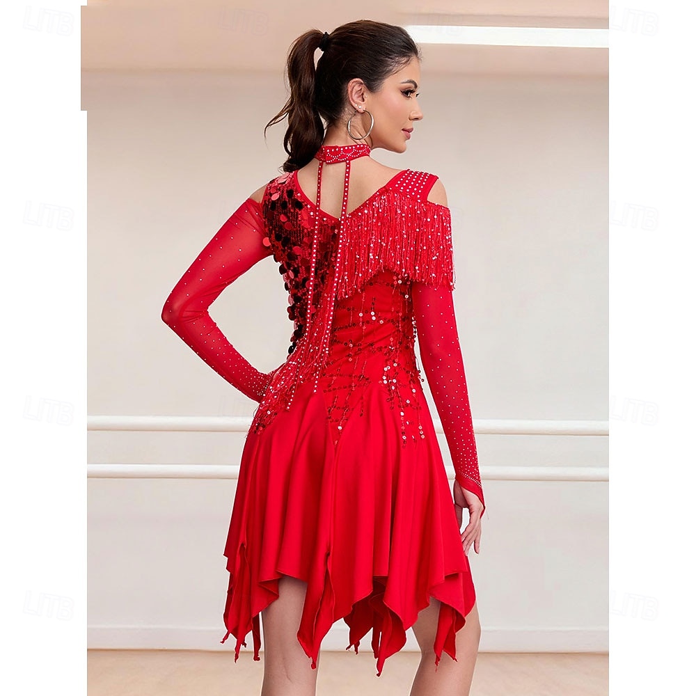 Dame rød paljett latin dansekjole med kalde skuldre og lange ermer ballroom konkurransekjole 2026 - $70.99 –P2
