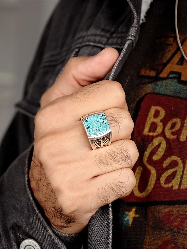 Herre bohemsk ring i legering og turkis, vintage statement-signetring i flere størrelser for strandferie, uformelle sommerantrekk og hverdagsbruk 2026 - $9.99 –P3