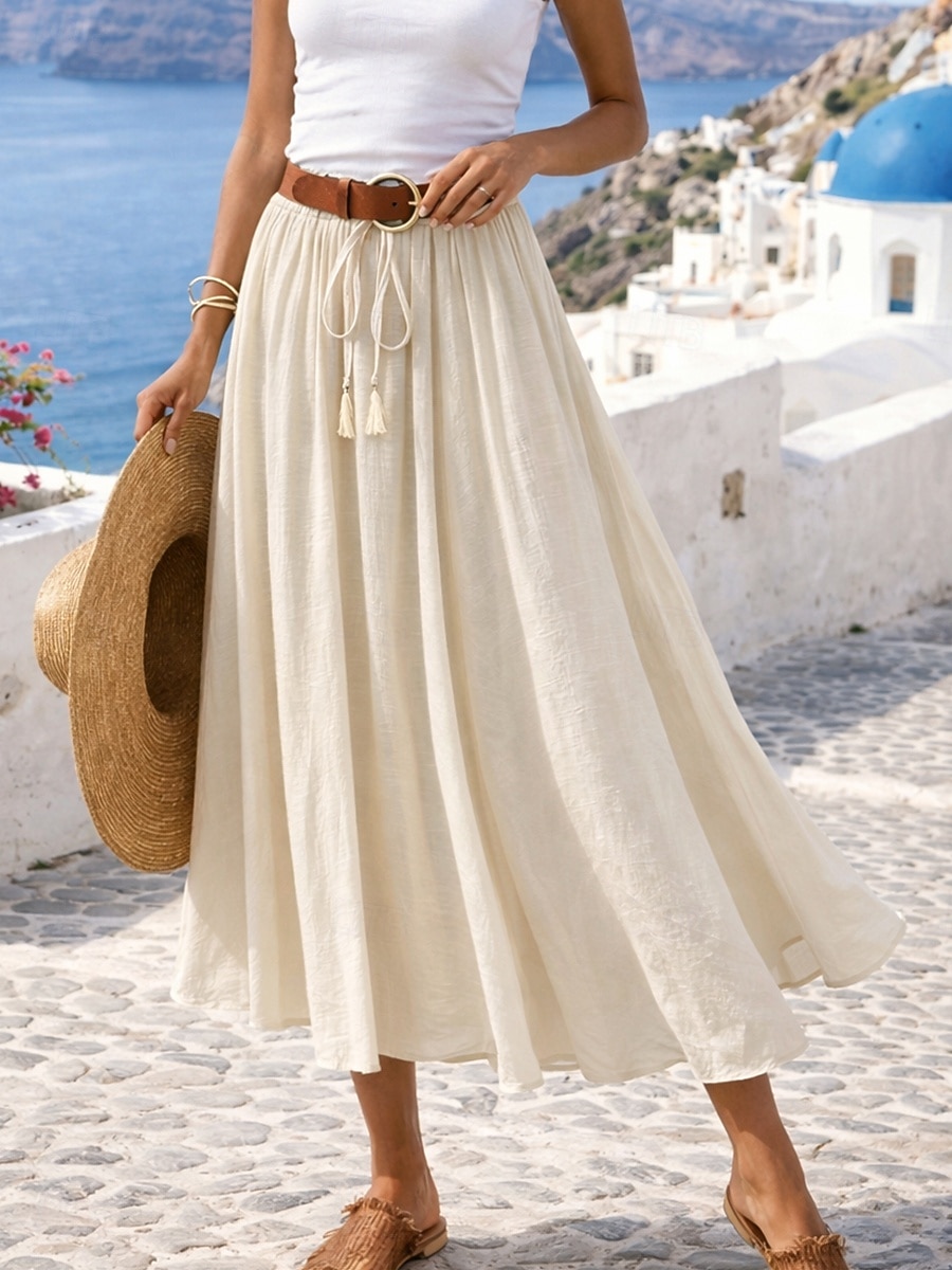 Mujer Falda de vacaciones Falda de lino y algodón sintético Moda Casual Maxi Alta cintura Faldas Plano Plisado Rígido Diario Vacaciones Azul Piscina Negro Rosa Caqui Verano 2026 - $11.49 –P4