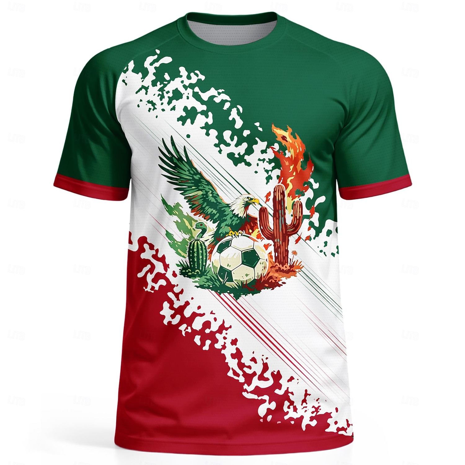 Męska koszulka piłkarska Eagle Cactus Fire w stylu graficznym inspirowanym Meksykiem, letnia koszulka sportowa z krótkim rękawem, UPF 50, szybkoschnąca, oddychająca, 2026, koszulka dla kibica piłki 2026 - $18.99 –P2