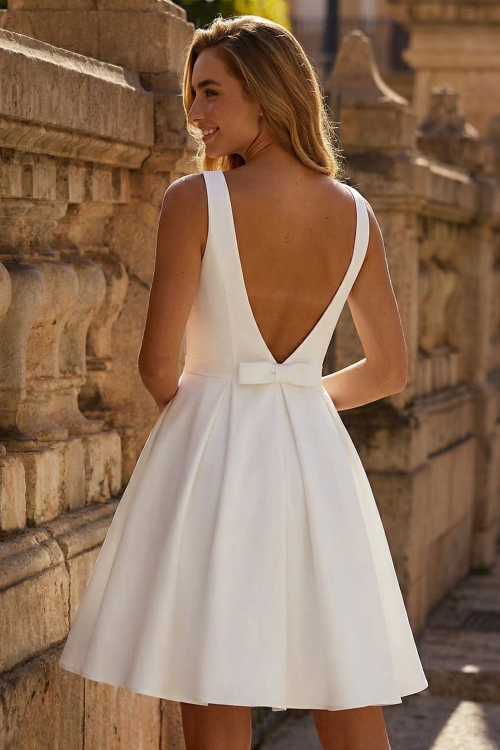 white boat neck backless dress Romantic wedding dress #1451