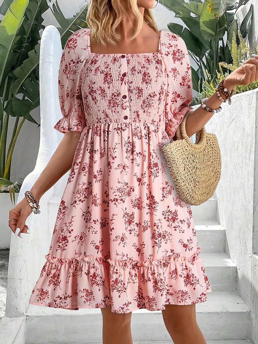 Mujer Vestido hasta la Rodilla Vestido informal Vestido de flores Vestido Estampado Elegante Moda Moderno Manga Farol Exterior Vacaciones Noche Holgado Floral Manga Corta Escote Cuadrado Azul Piscina 2026 - $45.99 –P5