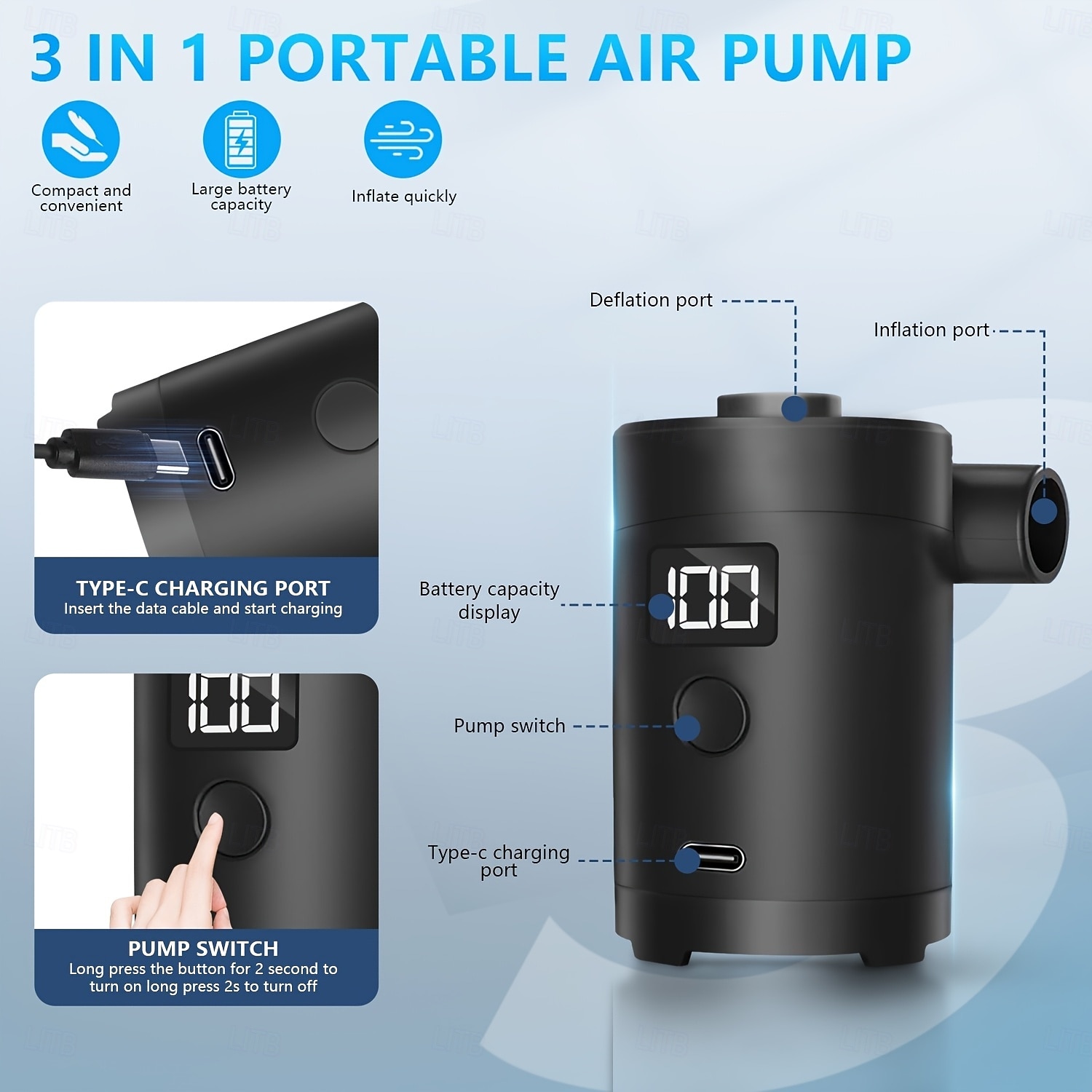 The Outdoor Portable Electric Air Pump Is Equipped With Four Inflatable Nozzles And USB Charging, Serving As Both An Inflator And Deflator. It Is Suitable For Air Mattresses, Boats, Camping Equipment 2026 - $32.99 –P3