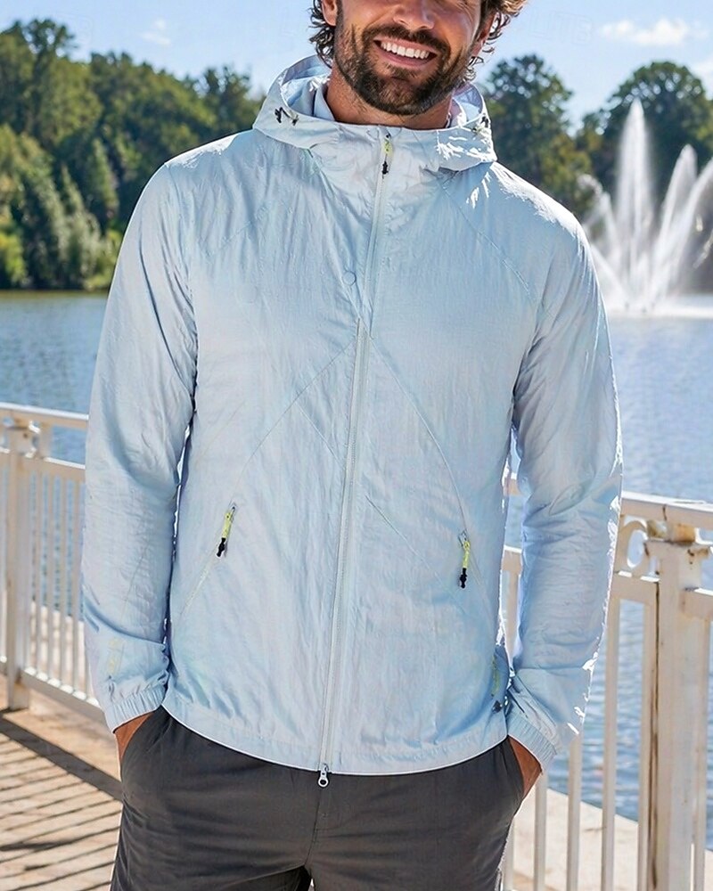2026年 男性用 ソリッド ランニングジャケット アウトドアジャケット フード付きジャケット 夏 春 秋 ポケット フルジップ 長袖 日焼け防止 防風 UVプロテクション ライトウェイト 高通気性 釣り ハイキング ランニング ブルー アメジスト 蛍光グリーン スポーツウェア アクティブウェア  コレクション – $40.99 –P2