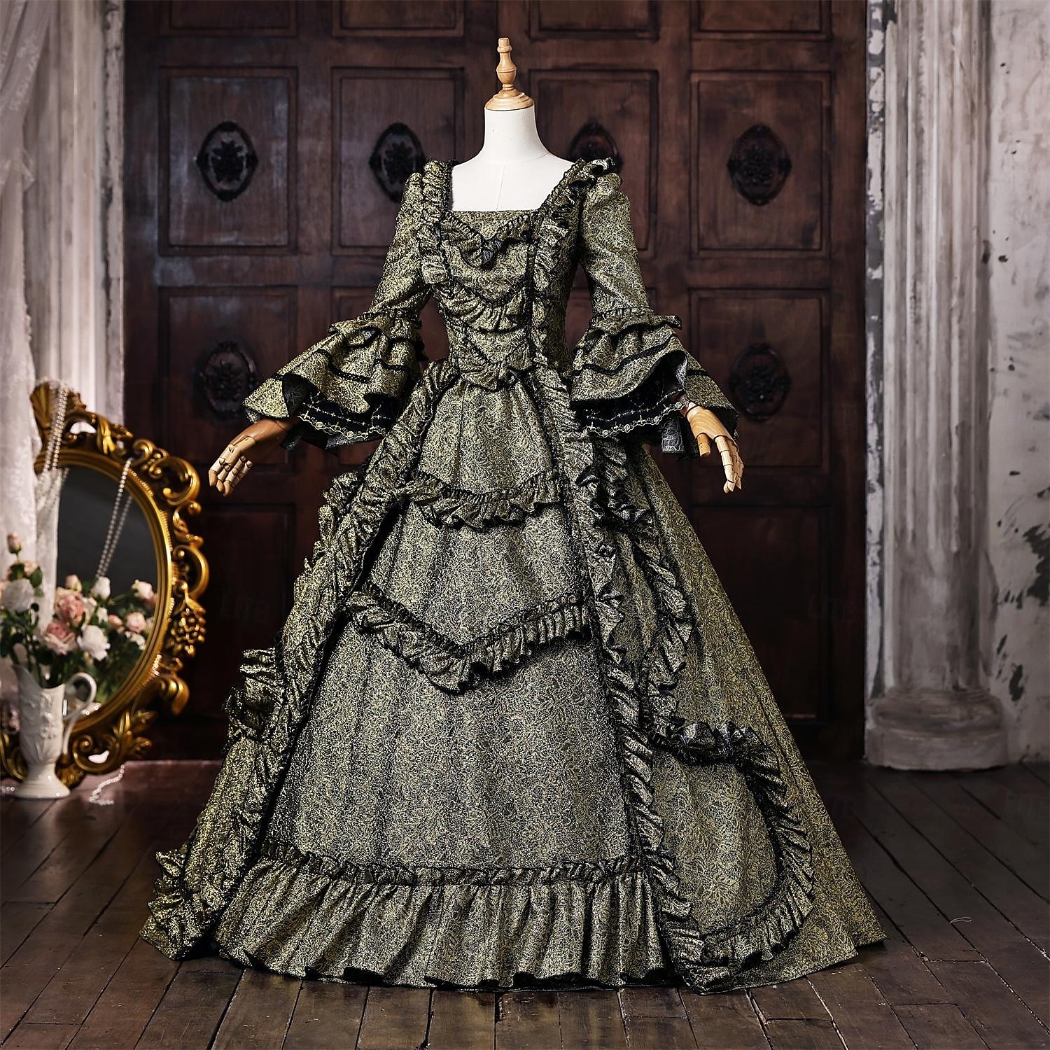 Rococò Barocco Abito da Ballo Lunghezza al pavimento Vestito Abito da Ballo Lunghe Principessa Sposa Pizzo Floreale Abito da ballo Collo quadrato Costume Per donna Reale Halloween Carnevale Mascherata del 2026 a $273.39 –P2
