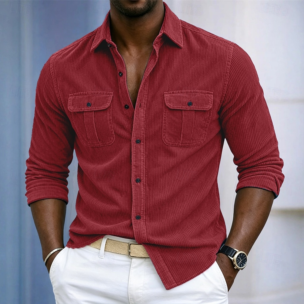 Homens Camisa Social Camisa casual Camiseta de Veludo camisa de botão Azul Vermelho Marron Verde Azul Escuro Manga Longa Tecido Colarinho de Camisa Casual Diário Bolso frontal Roupa Elegante Moda de 2026 por $31.99 –P1