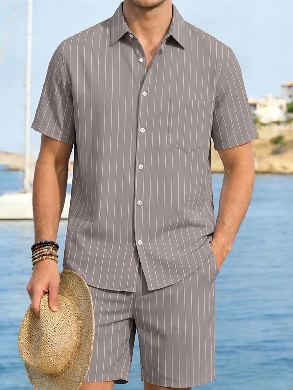 Men Linen Shirt 2 Piece Shirt Set And Shorts Linen Shorts Beach Shorts Set Vertical Stripes Casual Daily Outdoor Turndown Short Sleeve Summer Fashion Casual Comfortable Clothing Apparel 2026 - $32.99 –P13