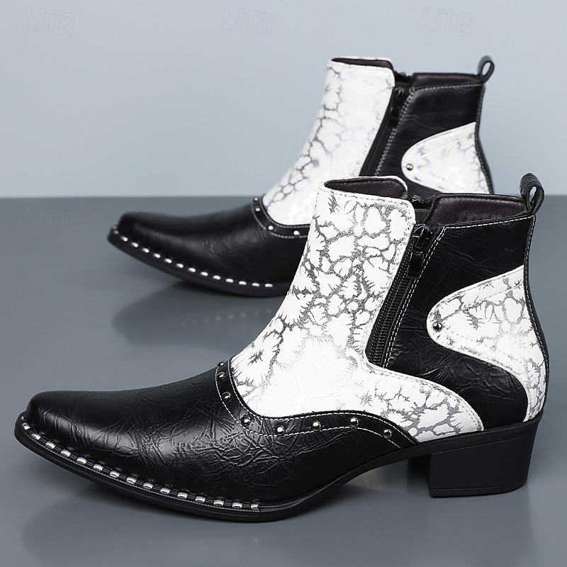 Stivaletti da uomo in stile western bianchi e neri con cerniera laterale, stivali da cowboy a punta per uomini eleganti, ideali per festival musicali, feste, spettacoli teatrali e outfit alla moda. del 2026 a $64.99 –P6