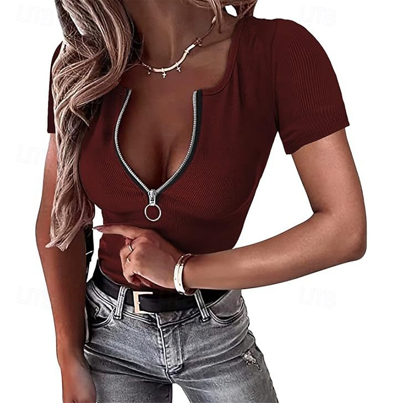 Women's T Shirt Zipper Solid Color Graphic Plain Casual Short Sleeve V Neck Regular Tops Daily Going out Weekend Black Wine Red Gray Summer Spring 2026 - $18.49 –P11