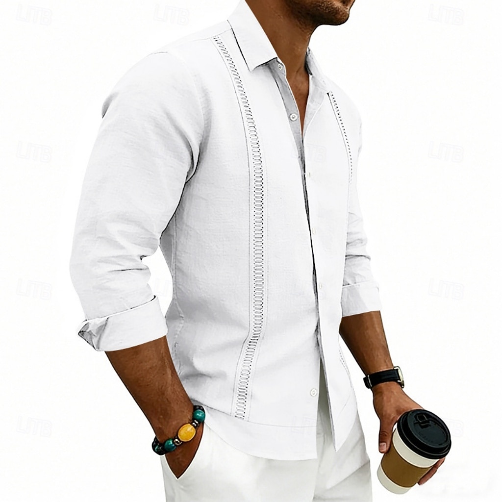 Herren Hemd Leinenhemd Sommerhemd Strandhemd Einfach Lässig Urlaub Schwarz Weiß Marineblau Khaki Langarm Umlegekragen Sommer Frühling Bekleidung Patchwork 2026 - $25.99 –P5