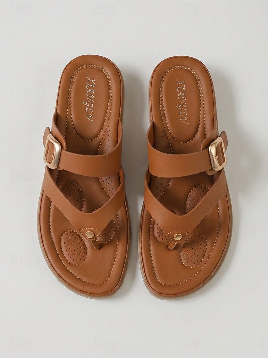 Sandálias femininas marrons de dedo com fivela ajustável – chinelos confortáveis com amortecimento, rasteirinhas de verão respiráveis de bico aberto para praia, férias e viagens. &uso diário de 2026 por $34.99 –P3