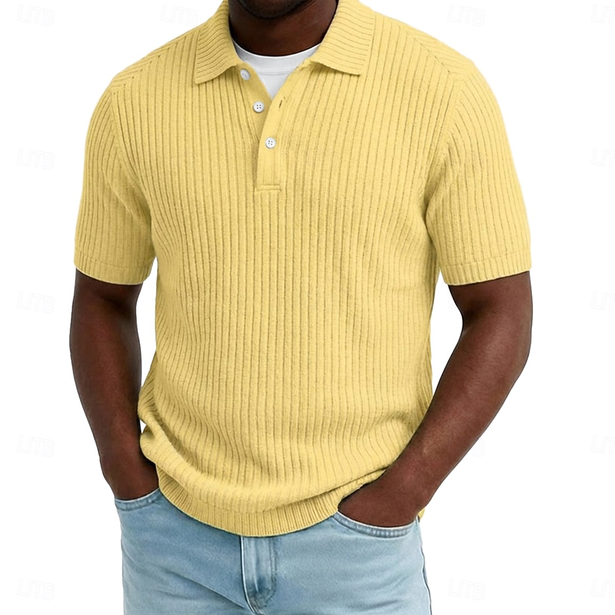 Herren Rippenstrick-Top Textur Lässig Arbeit Revers Gerippter Polokragen Kurzarm Basic Modern Farbblock Knöpfe Gestrickt Frühling & Sommer Sommer Frühling Normale Passform Blau Weiß Gelb Burgunderrot 2026 - $24.99 –P6