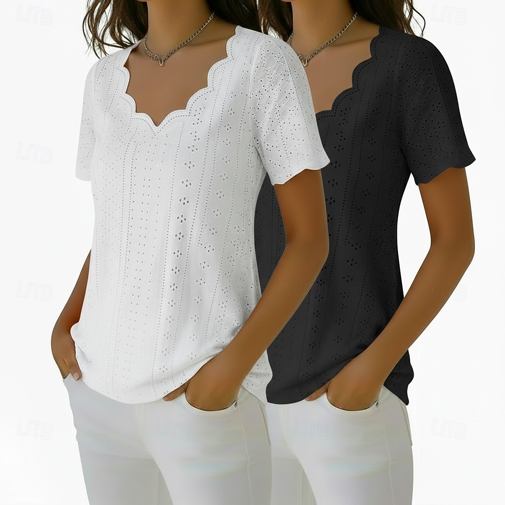 pachete multiple 2 buc bluză textură top cu ochiuri tricou simplu elegant de bază clasic mânecă scurtă decolteu în V topuri obișnuite casual zilnic plajă galben+negru 2026 - $38.99 –P5