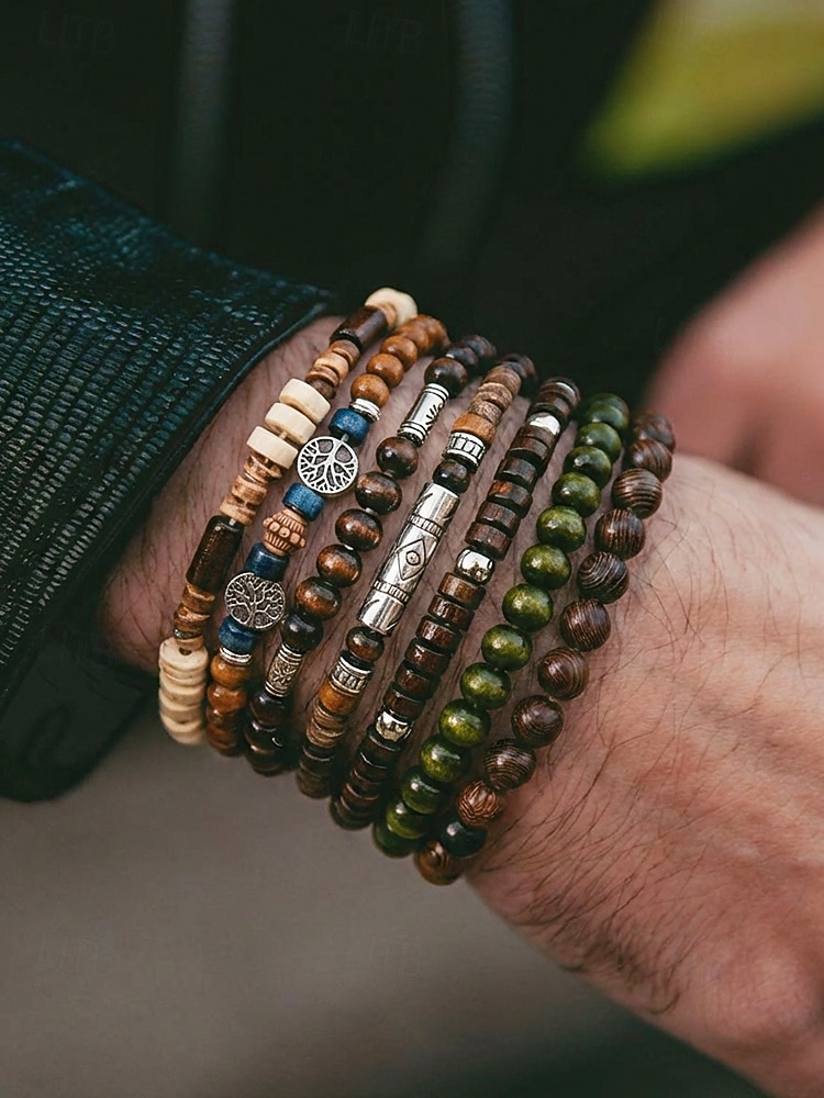 Σετ ανδρικών βραχιολιών με ξύλινες χάντρες μποέμ, 10 ελαστικά βραχιόλια με χάντρες που στοιβάζονται για διακοπές στην παραλία, καθημερινή casual ένδυση, ταξίδια και φεστιβάλ 2026 - $11.99 –P2